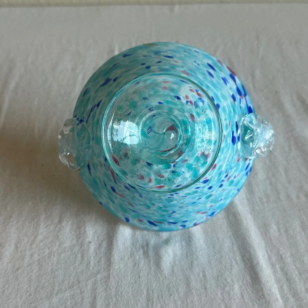 Vintage Blue Confetti Art Glass Basket Twisted Handle Pedestal Hand Blown Bowl
